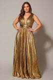 Gold Metallic Pleated V-Neck A-Line Long Formal Dress