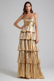 Gold Metallic Tiered A-Line Maxi Formal Dress with Ruffles