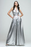 Silver Metallic A-Line V-Neck Long Formal Dress