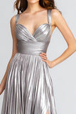 Silver Metallic A-Line Pleated Long Formal Dress with Slit