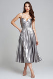 Silver Metallic Pleated A-Line Midi Formal Dress