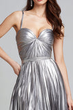 Silver Metallic Pleated A-Line Midi Formal Dress