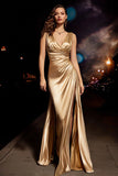 Gold Satin Ruched V-Neck Long Formal Dress with Slit