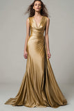 Gold Mermaid Metallic V-Neck Ruched Long Formal Dress