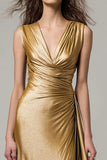 Gold Mermaid Metallic V-Neck Ruched Long Formal Dress