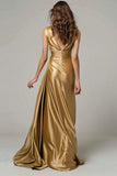Gold Mermaid Metallic V-Neck Ruched Long Formal Dress