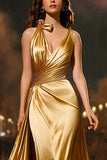 Gold Satin Mermaid V-Neck Maxi Formal Dress with Cape
