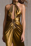 Gold Halter Metallic Ruched Long Formal Dress with Slit