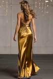 Gold Halter Metallic Ruched Long Formal Dress with Slit