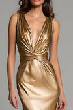 Gold Mermaid Deep V-Neck Metallic Long Formal Dress