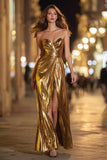 Gold Metallic Sweetheart Long Formal Dress with Slit