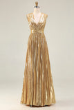Gold Deep V-Neck A Line Metallic Pleated Long Formal Dress