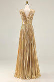 Gold Deep V-Neck A Line Metallic Pleated Long Formal Dress
