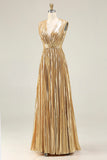 Gold V-Neck A Line Metallic High Waist Pleated Long Formal Dress
