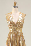 Gold V-Neck A Line Metallic High Waist Pleated Long Formal Dress