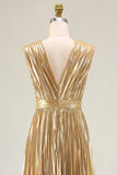 Gold V-Neck A Line Metallic High Waist Pleated Long Formal Dress