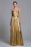 Gold Metallic A Line Pleated Maxi Formal Dress