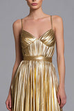 Gold Metallic A Line Pleated Maxi Formal Dress