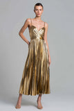 Gold Metallic Pleated A Line Long Formal Dress