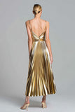 Gold Metallic Pleated A Line Long Formal Dress