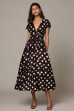 Dark Brown White Satin V-Neck A Line Maxi Polka Dots Dress