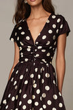 Dark Brown White Satin V-Neck A Line Maxi Polka Dots Dress