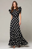Black and White Chiffon A Line Cap Sleeves Long Polka Dots Dress with Ruffles