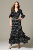 Black and White Chiffon A Line Ruffled Maxi Polka Dots Dress with Sleeves