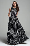 Black and White A Line Chiffon Round Neck Maxi Polka Dots Dress