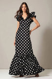 Black and White Mermaid Chiffon V-Neck Maxi Polka Dots Dress