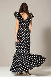 Black and White Mermaid Chiffon V-Neck Maxi Polka Dots Dress