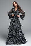 Black and White Chiffon A Line V-Neck Long Polka Dots Dress with Ruffles