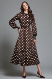 Dark Brown Satin A Line Round Neck Polka Dots Dress with Sleeves