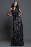 Black and White Chiffon Sheath Cowl Neck Maxi Polka Dots Dress