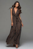 Dark Brown Chiffon V-Neck A Line Long Polka Dots Dress