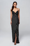 Black and White Chiffon Spaghetti Straps Maxi Polka Dots Dress with Slit