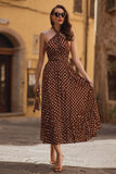 Brown Halter Chiffon A Line Long Polka Dots Dress