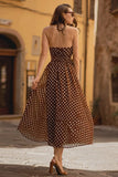 Brown Halter Chiffon A Line Long Polka Dots Dress