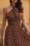 Brown Halter Chiffon A Line Long Polka Dots Dress