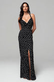 Black and White Sheath Chiffon Maxi Polka Dots Dress with Slit