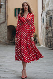 Red Chiffon V-Neck A Line Polka Dots Dress with Sleeves