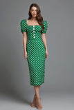 Green Satin Tea Length Square Neck Polka Dots Dress