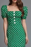 Green Satin Tea Length Square Neck Polka Dots Dress
