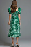 Green Satin Tea Length Square Neck Polka Dots Dress