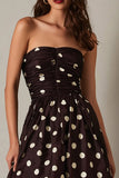 Dark Brown Satin Strapless A Line Midi Polka Dots Dress