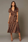 Brown Satin A Line V-Neck Tea Length Polka Dots Dress