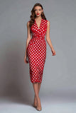 Red Satin V-Neck Sheath Midi Polka Dots Dress