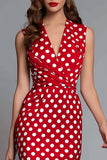 Red Satin V-Neck Sheath Midi Polka Dots Dress