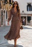Brown Chiffon V-Neck A Line Long Polka Dots Dress with Sleeves