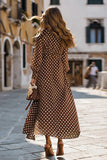 Brown Chiffon V-Neck A Line Long Polka Dots Dress with Sleeves